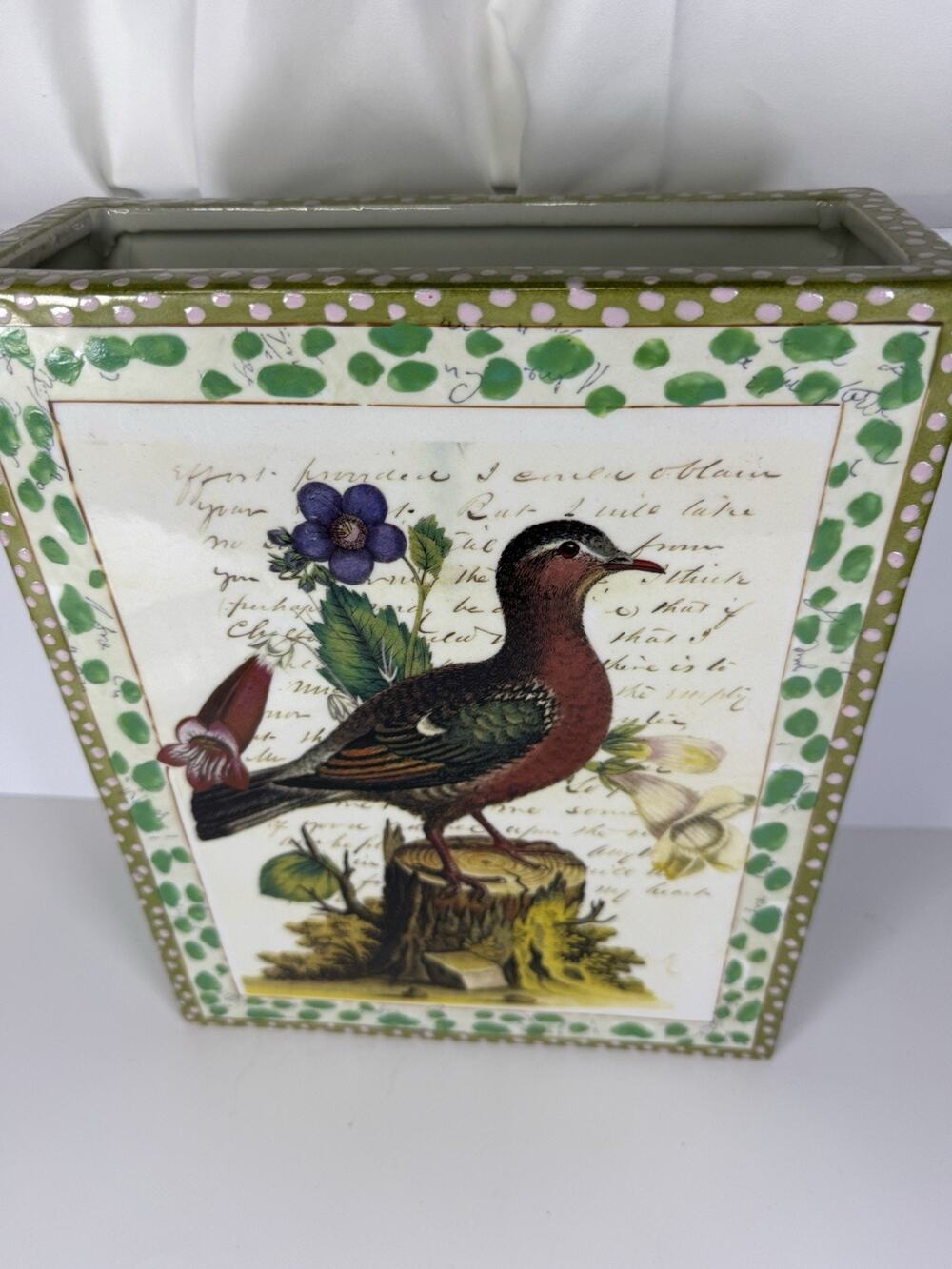 John Derian Decoupage Vase Wild Bird Illustrations Design Large Rectangular Vase